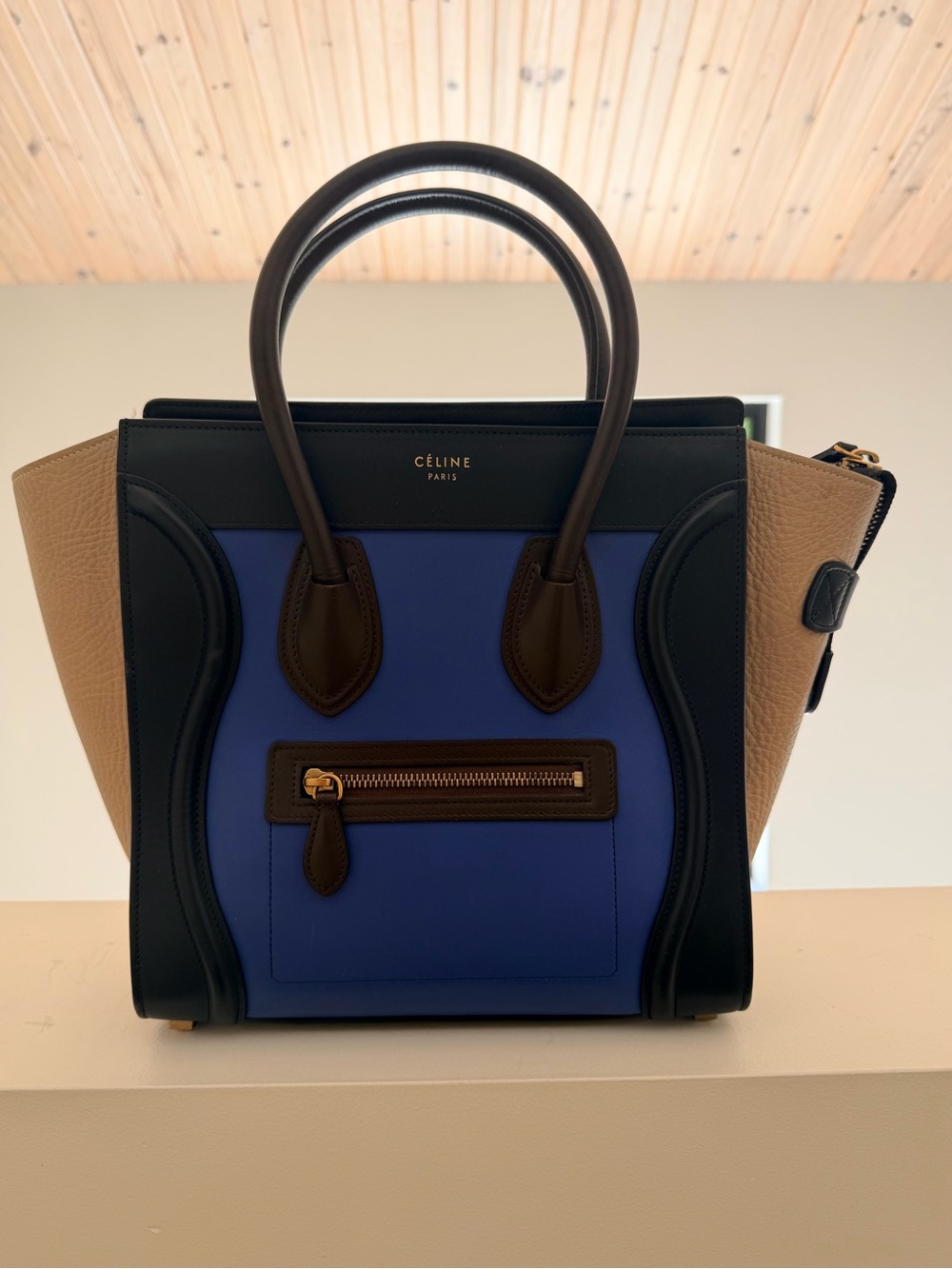 Celine Multicolor Blue Navy Tan Small Luggage Tote